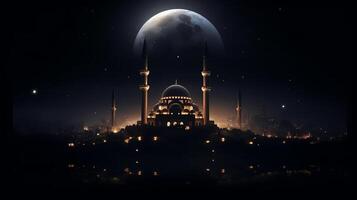 ai generativ en natt scen med en moské i de mitten av de natt foto