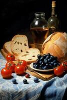 ai generativ en tabell visar bröd och vin med tomater i de stil av mörk blå och ljus beige foto