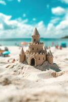 en sand slott strand med en blå himmel och vit moln foto
