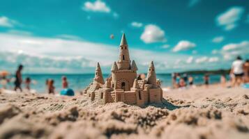 en sand slott strand med en blå himmel och vit moln foto