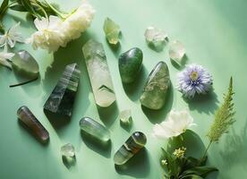 kristall torn mineraler uppsättning och vit blommor på grön abstrakt bakgrund. generativ ai foto