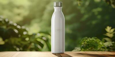 vit tom flaska attrapp med naturlig tema bakgrund. ai generativ foto