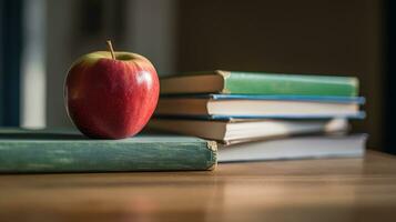 en stack av böcker med ett äpple på topp av dem ai generativ foto