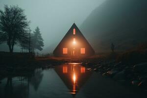 professionell landskap fotografi i de mystisk dimma landskap med en kyrka. ai generativ foto