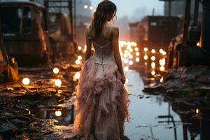 en kvinna i en mörk fe- kei mode bröllop klänning plask i en Spring ner industriell komplex i de regn på skymning. lynnig atmosfär. ai generativ foto