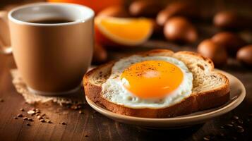 ai generativ grillad bröd och tomat med ett ägg på en tallrik med kaffe foto