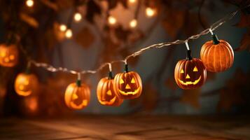 en sträng av halloween lampor med jack'o lyktor hängande från dem foto