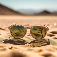 en par av solglasögon Sammanträde på topp av en sandig strand foto