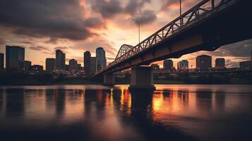 stad horisont med en bro över en flod ai generativ foto
