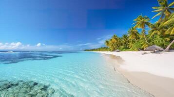 tropisk paradis strand med vit sand och kristall klar blå vatten. skön naturlig sommar semester högtider bakgrund. resa turism bred panorama bakgrund begrepp. ai generativ foto