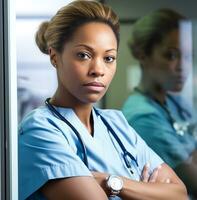de sjuksköterska är bär en blå scrubs och en vit täcka, medicinsk stock bilder foto