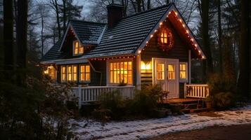 en små stuga i de skog Allt belyst upp för jul, jul bild, fotorealistisk illustration foto