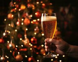 en person innehav en öl glas i främre av mörk jul träd, jul bild, fotorealistisk illustration foto