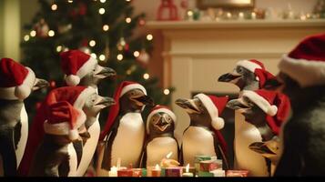 en grupp av pingviner samlade in runt om en jul öppen spis, jul bild, fotorealistisk illustration foto