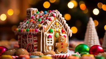 en närbild skott av en pepparkaka hus, jul bild, fotorealistisk illustration foto