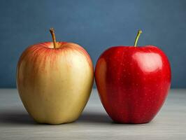 två röd äpplen på en grå bakgrund, värld mat dag bilder foto