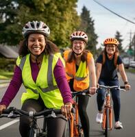 en grupp av vänner är ridning deras Cyklar ner en gata på deras sätt till en återvinning Centrum, natur stock Foto