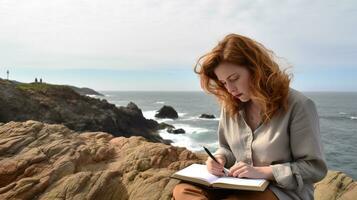 en kvinna sitter på en klippa utsikt de hav skrivning i en tidning, mental hälsa bilder, fotorealistisk illustration foto