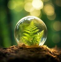 en glas klot som innehåller en grön växt med solljus kommande genom Det, natur stock Foto