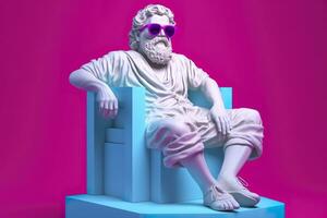 en vit staty av Plato i en Häftigt utgör, bär magenta och cyan 3d glasögon, redo till fest. ai generativ foto