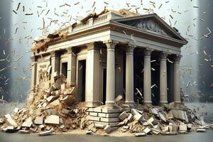 Bank kollaps. en Bank eller finansiell institution, gående ner brist eller kollapsar. generativ ai foto