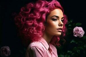 kvinna rosa hår. generera ai foto