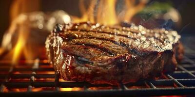 nötkött ribeye biff grillning på en flammande grill. generativ ai foto