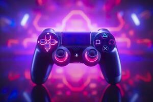 video spel kontrollant med ljus neon ljus ränder. dator gamer bakgrund, 3d oktan framställa. spel begrepp idéer. ai generativ foto