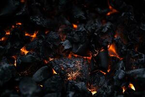 en närbild av en lugg av kol på en svart bakgrund, generativ ai foto