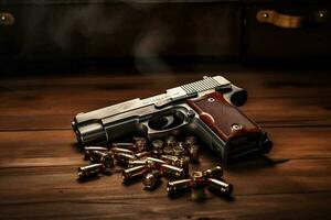 generativ ai, revolver pistol med kulor isolerat på trä- bakgrund, hand pistol med ammunition, pistol militär vapen foto
