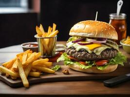 saftig nötkött burger och franska frites på en trä- styrelse isolerat på svart bakgrund ai genererad foto