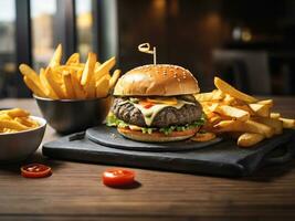 saftig nötkött burger och franska frites på en trä- styrelse isolerat på svart bakgrund ai genererad foto