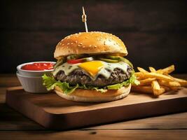 saftig nötkött burger och franska frites på en trä- styrelse isolerat på svart bakgrund ai genererad foto