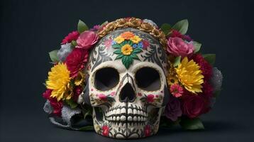 blommig Utsmyckad mexikansk skalle inspirerad förbi catrina ai genererad foto