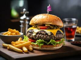 saftig nötkött burger och franska frites på en trä- styrelse isolerat på svart bakgrund ai genererad foto