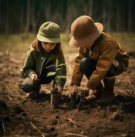 två barn i de fält plantering träd, natur stock Foto