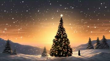 en enda pingvin stående på en snöig kulle innehav en stor jul träd. de pingvin är silhouetted mot de miljö Sol, jul bild, tecknad serie illustration konst foto