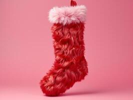 en röd jul strumpa är visad mot en rosa bakgrund, jul bild, 3d illustration bilder foto