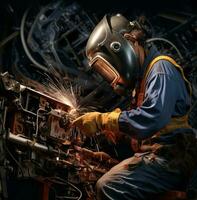 svetsning arbetstagare på Utrustning till form metall, industriell maskineri stock foton