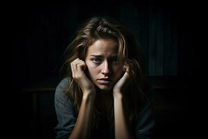 generativ förbi ai. ledsen kvinna lidande depression sömnlöshet vaken och sitta ensam i de mörk rum. sexuell trakasserier och våld mot kvinnor, hälsa begrepp. foto