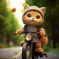 färgrik katt ridning en cykel körning animering illustration och skön bakgrund foto