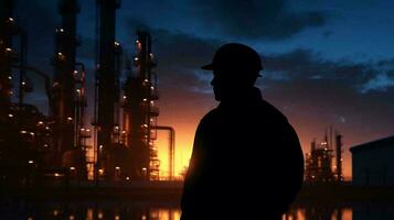 en arbetssätt ingenjör i en hård hatt står i främre av ett olja raffinaderi petrokemiska kemisk industriell växt med Utrustning. ai genererad foto