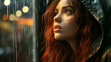 en skön fundersam kvinna utseende ut de fönster på natt under de regn och droppar strömma ner de glas. ansikte av en ledsen flicka närbild. ai genererad foto