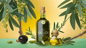 oliv olja i en flaska, grön oliver och oliv träd grenar ,släppa av olja stänk. foto