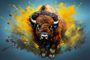 livlig färgrik bison stänk. generera ai foto