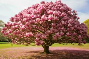 majestätisk full av blommor magnolia träd. generera ai foto