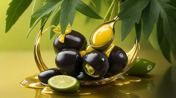 skapa en visuellt fängslande bild av mogen oliver och en dugga av gyllene oliv olja flytande på en frodig grön bakgrund. monter de locka av medelhavs kök och dess rik smaker. foto