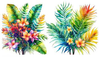 vattenfärg konst av tropisk lövverk, löv, handflatan blad. ai generativ foto
