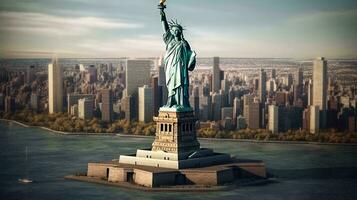 staty av frihet på de ö se från ovan. en symbol av de frihet och oberoende av de amerikan människor. ai genererad foto