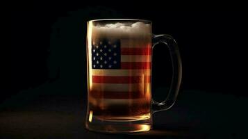 en glas av öl och ett abstrakt stjärna och randig USA stat flagga. ai genererad foto